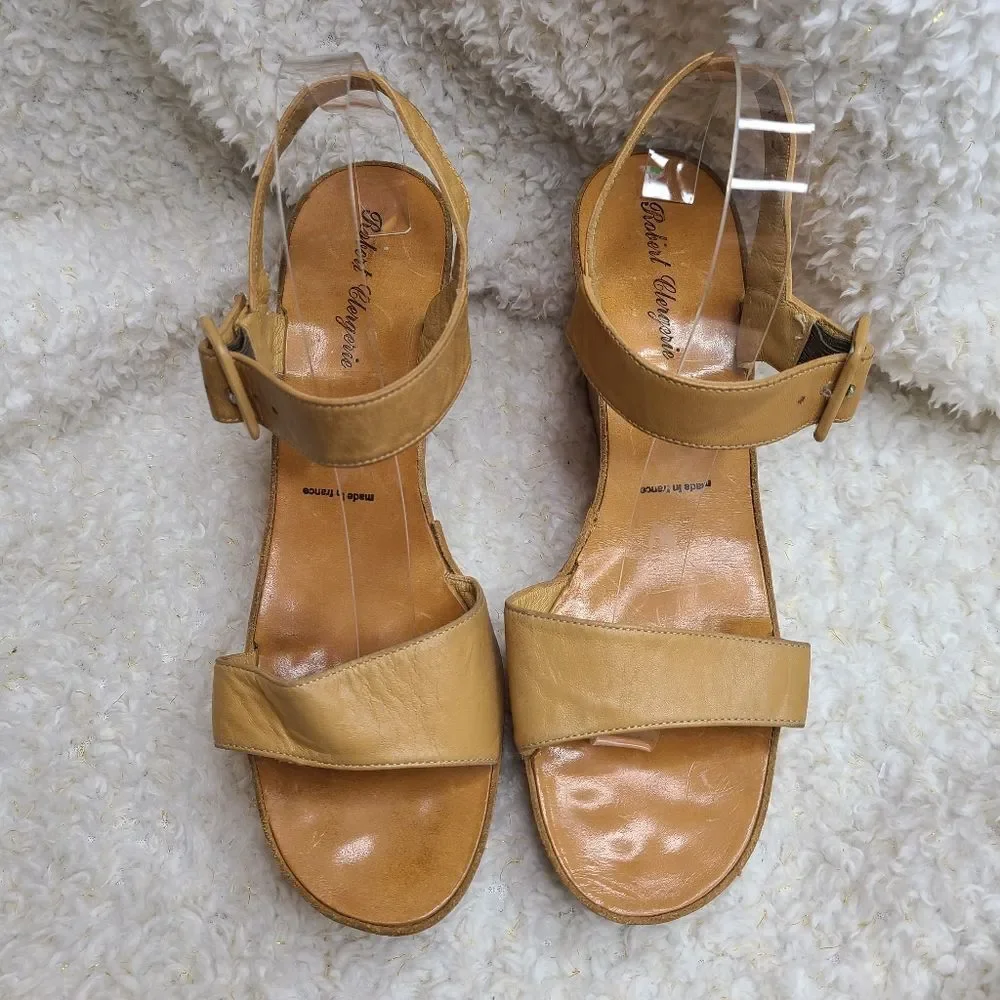 Robert Clergerie Tan‎ Leather Platform Wedge Sandals size 10.5